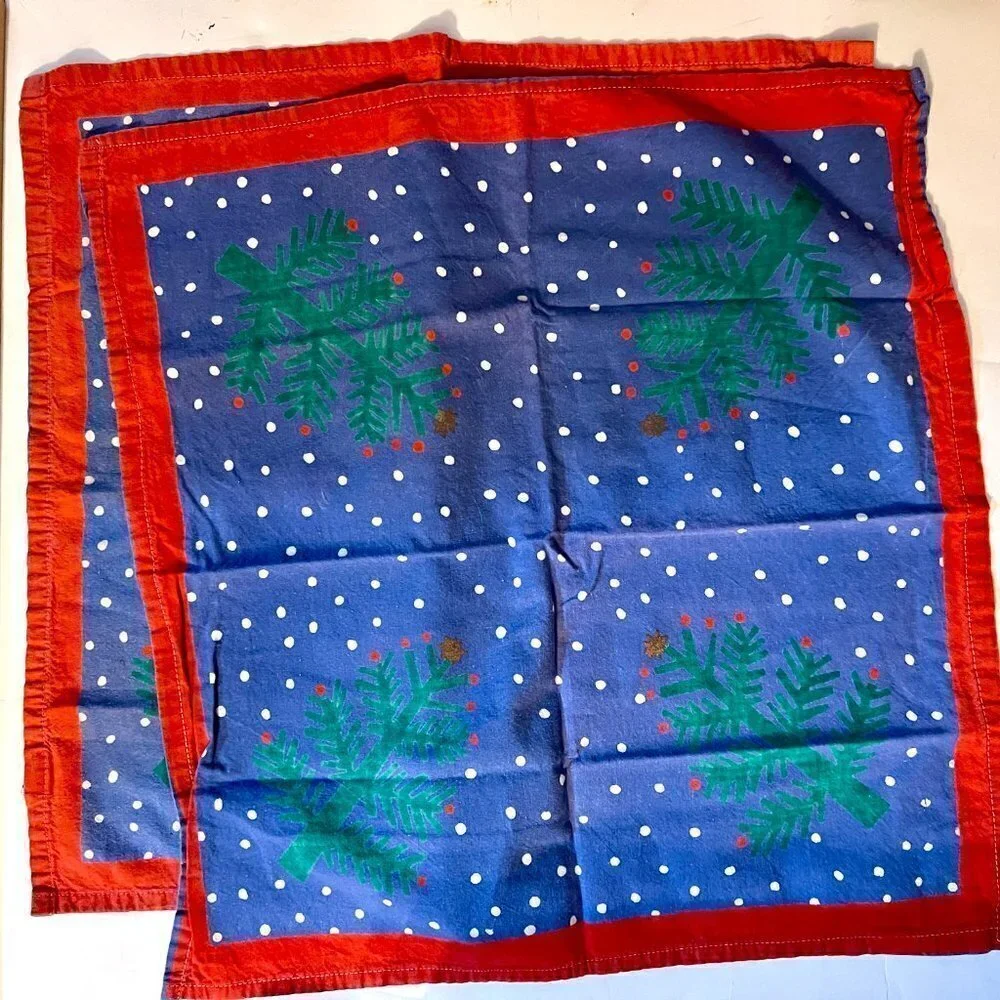 TAG Vintage 80s Christmas Holiday Farmhouse Retro Boho Blue Tree Napkin Pair Set